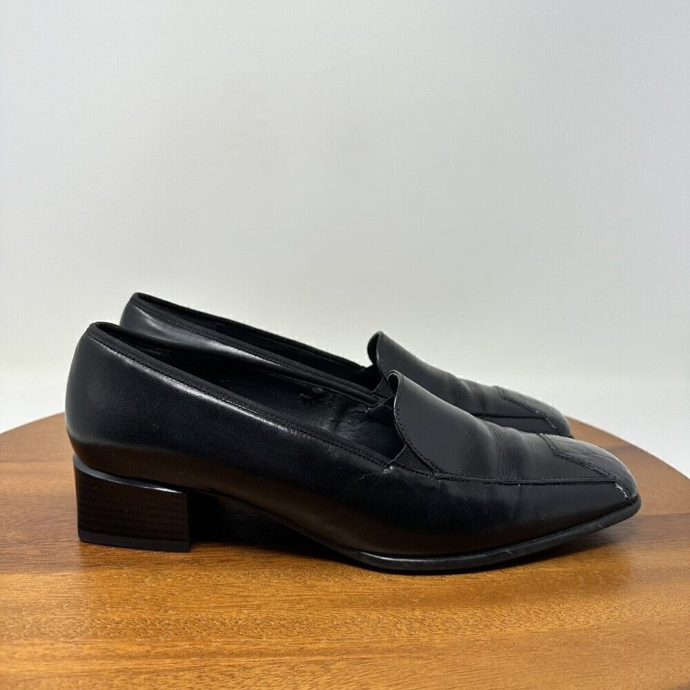 Jenny By ARA Black Square Toe Leather Low Heel Pump Shoe‎ Size 10 Width H